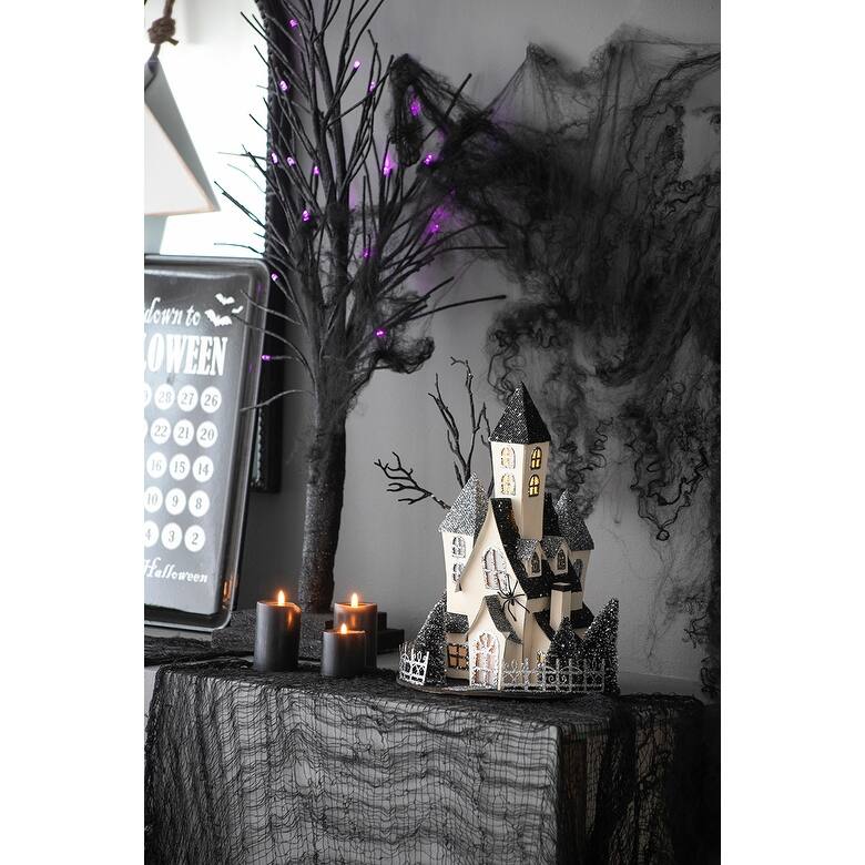 10x8.3x13.5" Cardboard Lighted Haunted House, Black Beige Tabletop holiday halloween decor, Battery Powered