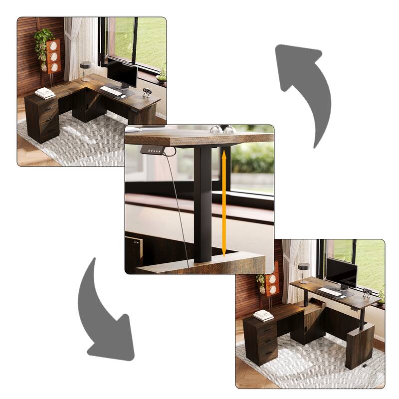 63" L Shaped Electric Standing Desk with Storage Drawers – Height Adjustable Executive Desk, Dark Brown Wood