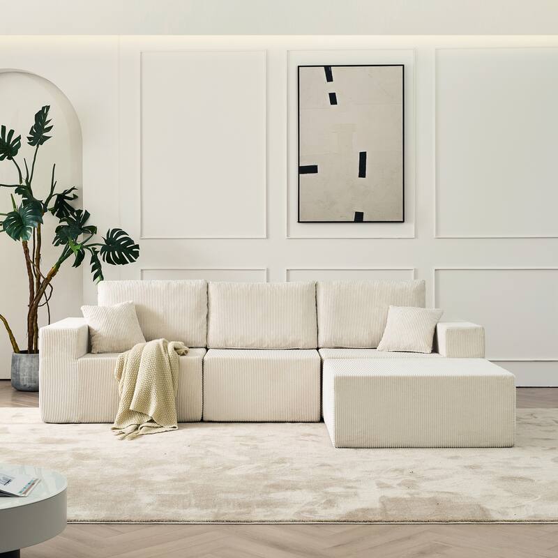 Modular L Shaped Sectional Sofa with Ottoman, Corduroy Boneless Cloud Sofa, 3 Seater Upholstered Sofa with 2 Pillows