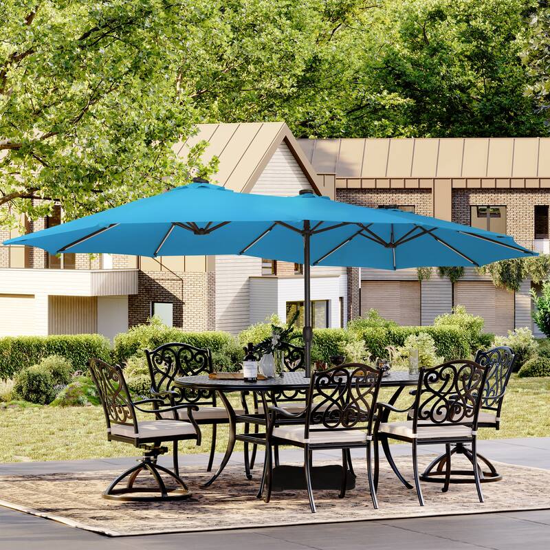 Clihome 15Ft Outdoor Solar Lights Rectangular Crank Market Umbrella, with Base - Green