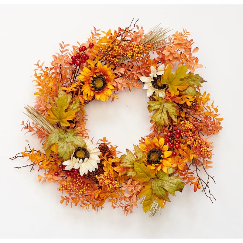 21" Artificial Fall Berries Sunflower Grass and Leaves Wreath on Natural Twig Base - 21