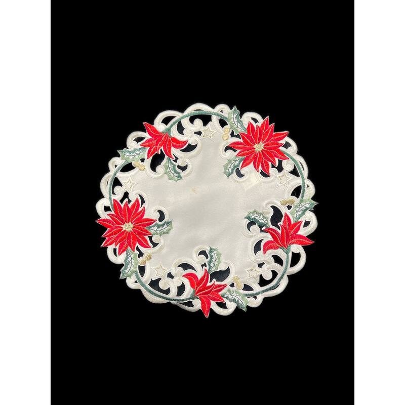 Christmas Poinsettia Embroidered Cutwork Round Placemat, 12" dia.