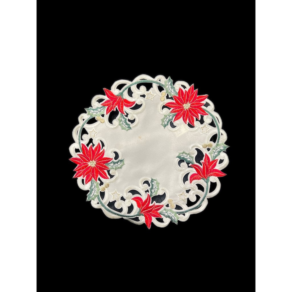 Christmas Poinsettia Embroidered Cutwork Round Placemat, 12" dia.