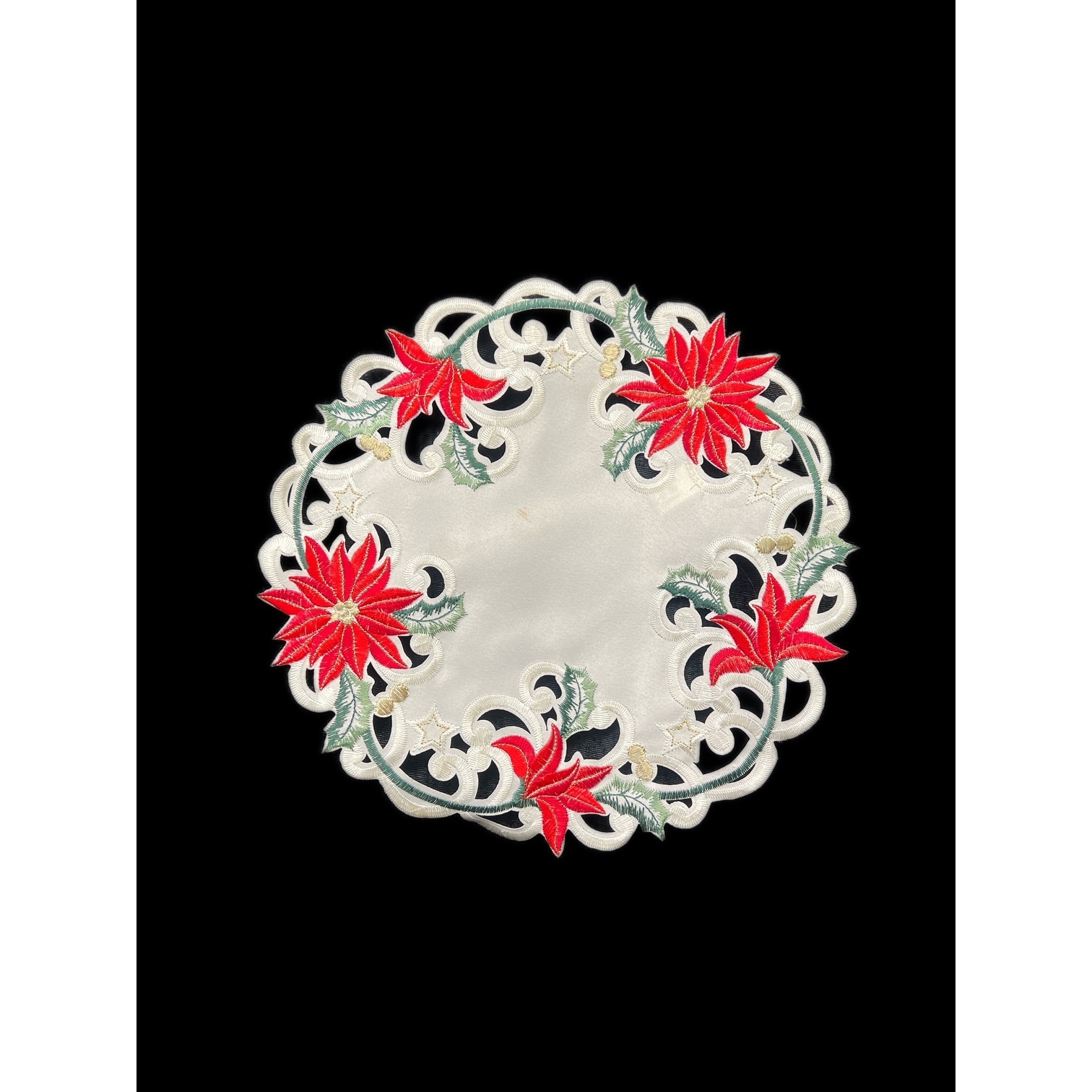 Christmas Poinsettia Embroidered Cutwork Round Placemat, 12-Inch diameter