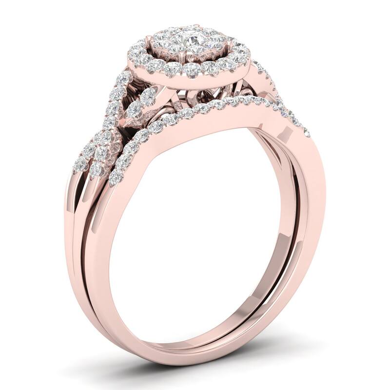 De Couer 10k Gold 3/8Ct TDW Diamond Halo Twist Shank Bridal Ring Set