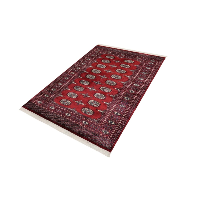 Tribal Bokhara Mercedes Red Blue Hand Knotted Rug - 4'1'' x 6'1''