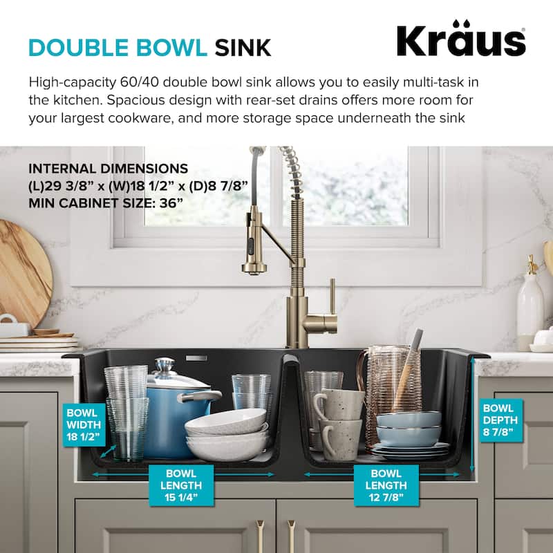KRAUS Forteza Granite 33 inch 60/40 Undermount Drop-in Kitchen Sink