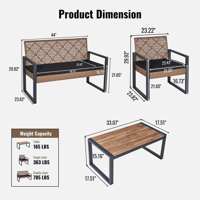 Morden 4-Piece Outdoor Patio Furniture Set, Acacia Wood Table Top Conversation Sets for Balcony Backyard Lawn