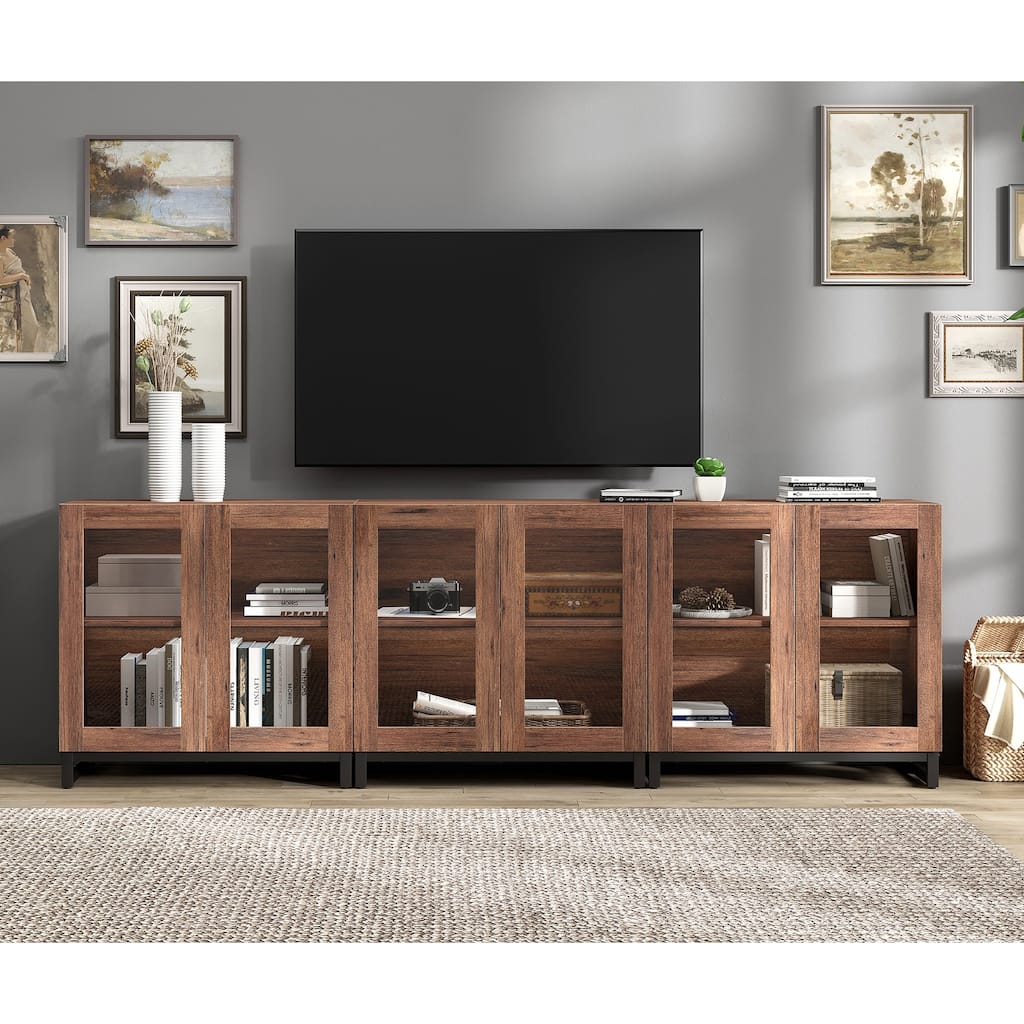 WAMPAT Modern TV Stand with Glass Doors for 110 inch TVs, Entertainment Center Console with Adjustable Shelves and Metal Base