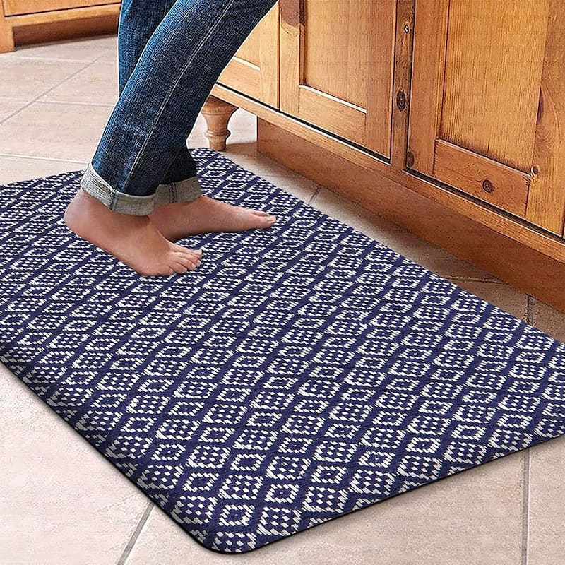 Cotton Kitchen Mat Cushioned Anti-Fatigue Rug, Non-Slip Mats Comfort Foam Rug for Kitchen, Office, Sink, Laundry - 18''x30'' - IKAT NAVY