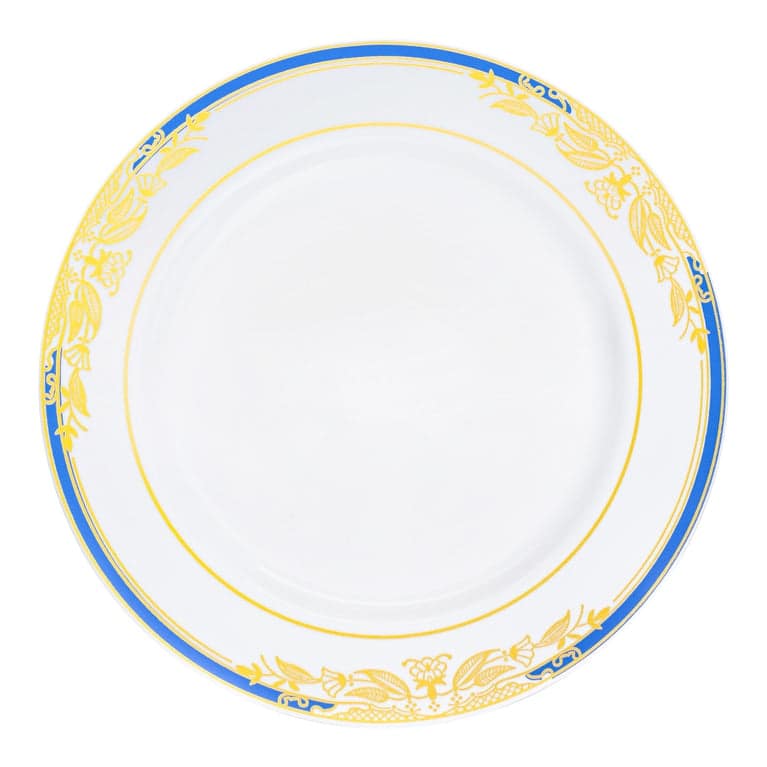 Gold Harmony Rim Disposable Plastic Plate Packs - Party Supplies - 120pcs - Salad Plates - White with Blue and Gold Rim