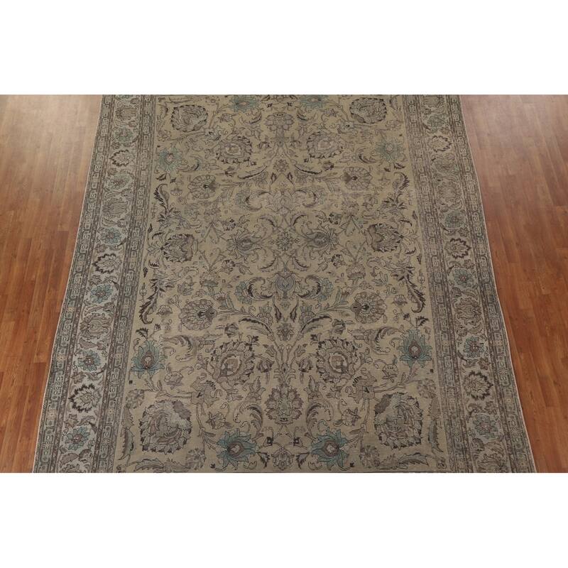 Distressed Tabriz Persian Vintage Area Rug Handmade Pink Wool Carpet - 9'7" x 12'10"