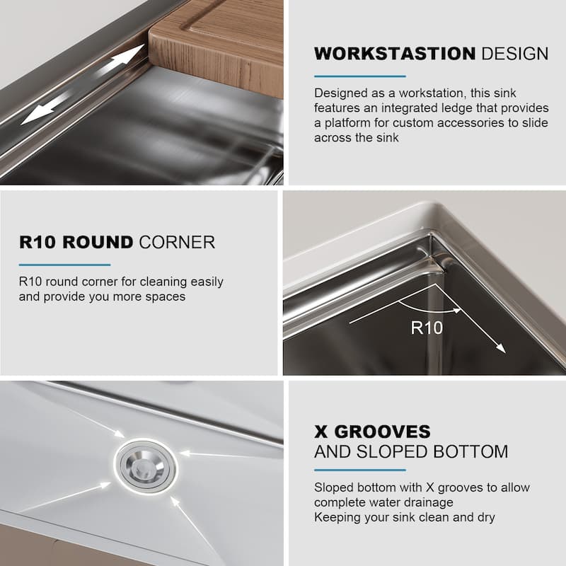 HOROW 16G Stainless Steel 30 in. Single Bowl Undermount Workstation Kitchen Sink with Cutting Board, Bottom Grid, Strainer