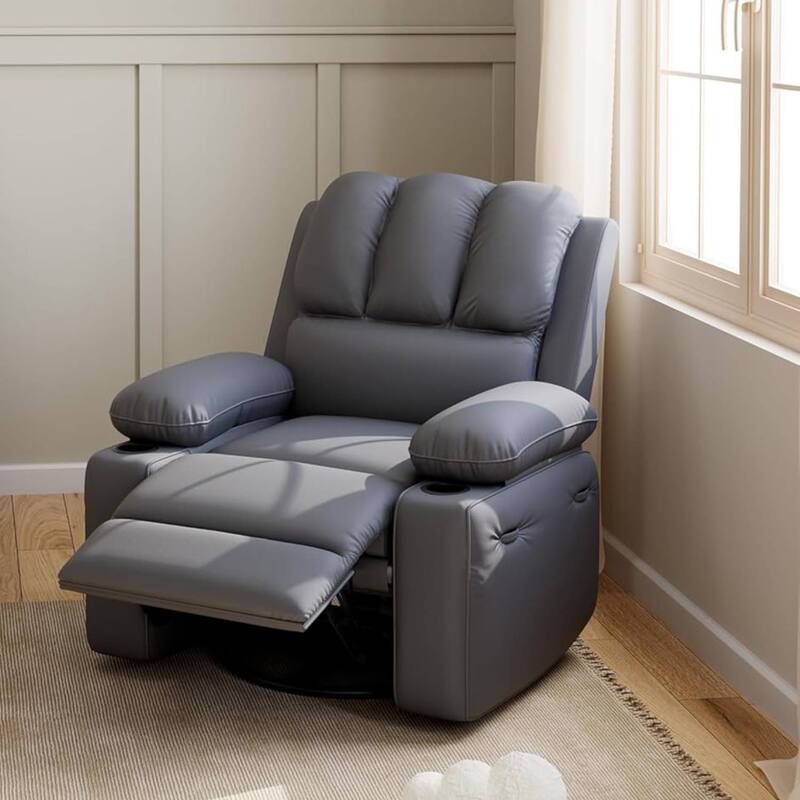 Oversized Manual PU Leather Recliner Sofa Chair with Cup Holders - Grey