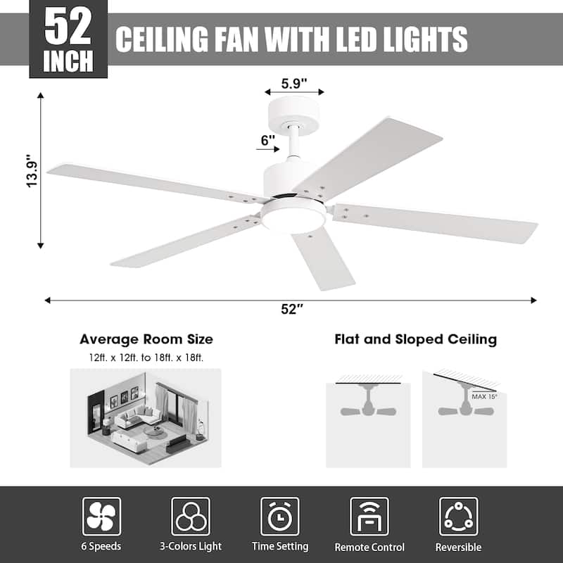 Vaczon 52" Modern Wooden 5-blade White Indoor Ceiling Fan with Light and Remote