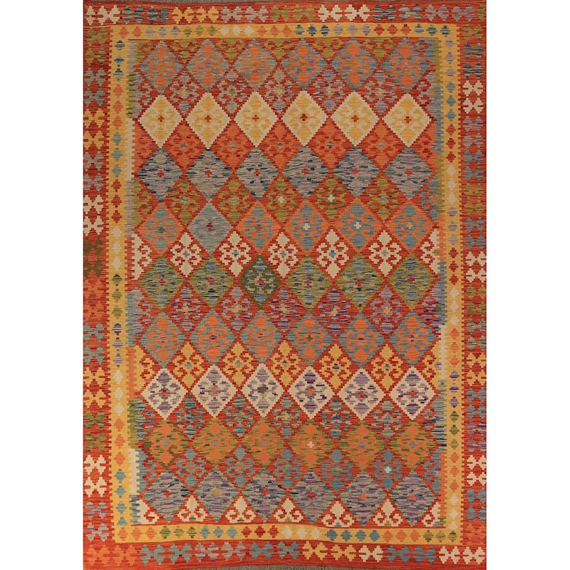 Trellis Geometric Kilim Oriental Area Rug Hand-Woven Wool Carpet - 8'4"x 10'10"