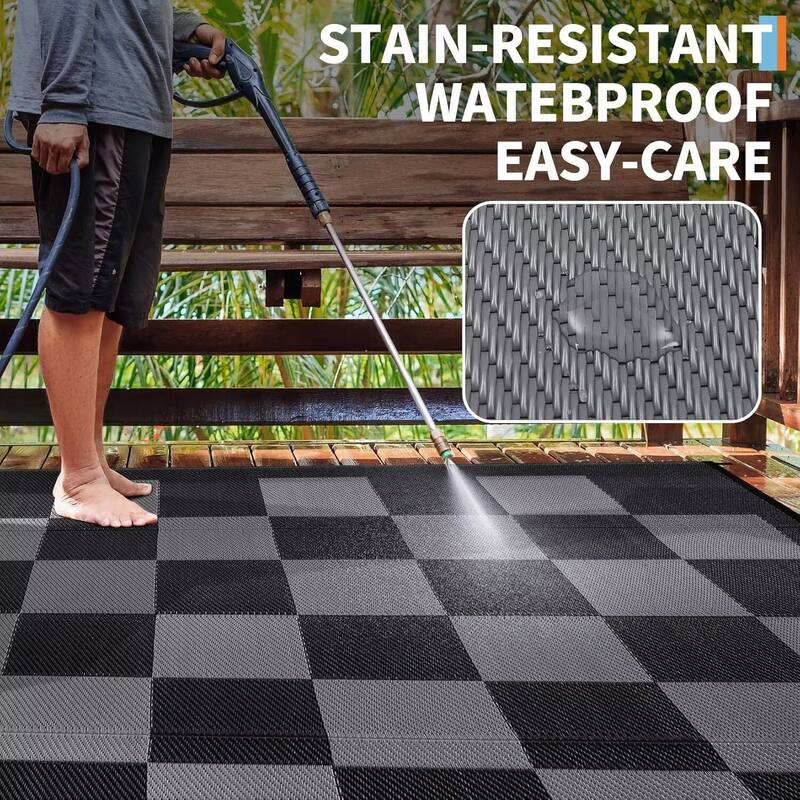 Outdoor Rug Checkerboard Geometric Plaid Pattern, Waterproof Plastic Straw Rug, UV Resistant Foldable Outdoor Rug