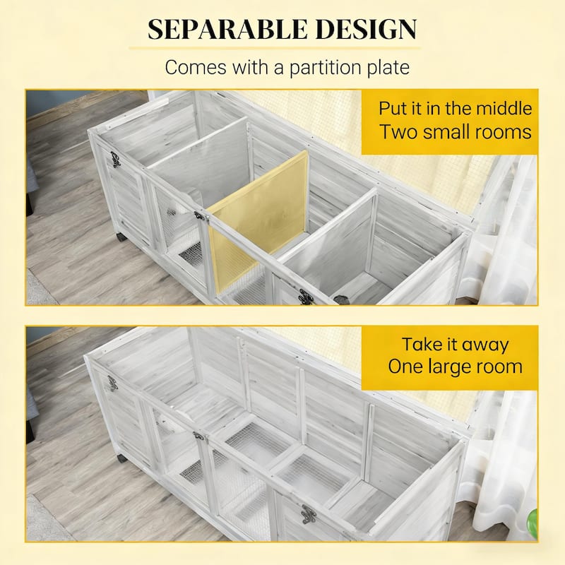 Wooden Small Animal Hutch Cage,Pet House,Wooden Rabbit Hutch with Wheels - Light Gray