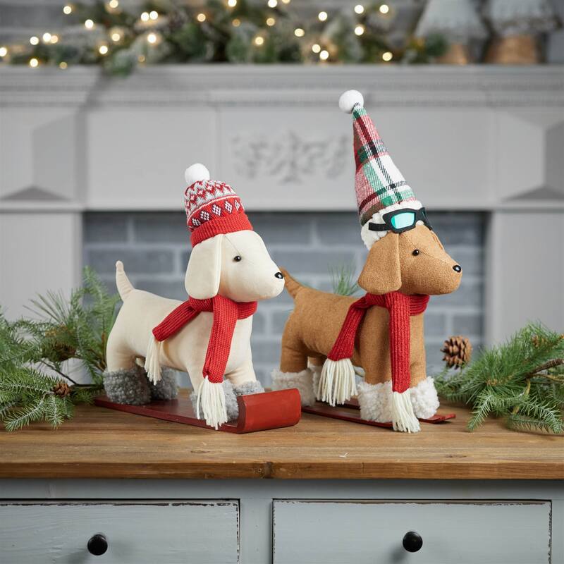 Polyester Plush Dog Figurines on Sled and Skis Set of 2 - 13” x 5” x 16.5” (L x W x H)