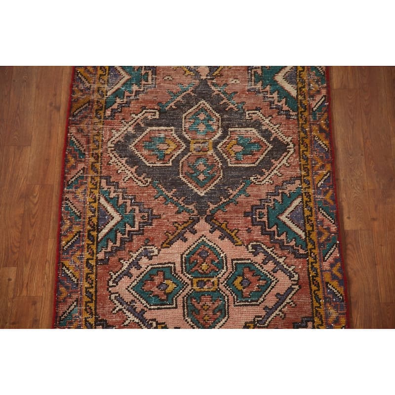 Vegetable Dye Hamedan Persian Vintage Runner Rug Geometric Wool Carpet - 2'11"x 10'1"