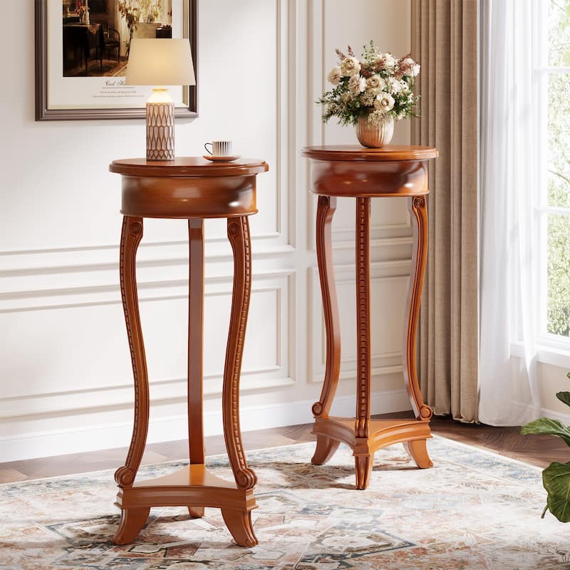 2-Tier Round Flower Pot Stand, Plant Table Potted Holder Rack - Brown