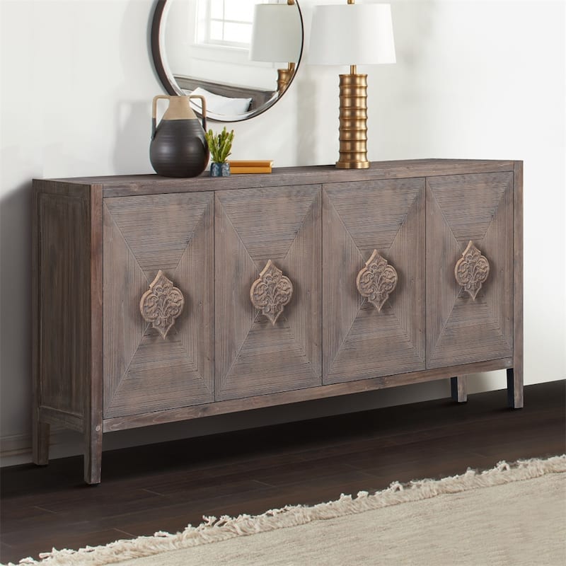 Carved Flower Door Handle, Antique Four Door Cabinet for Living Room