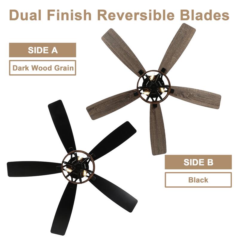 Bella Depot 52" Black Industrial Flush Mount Ceiling Fan with Light and Remote 6-speed Reversible DC Motor Low Profile Fan
