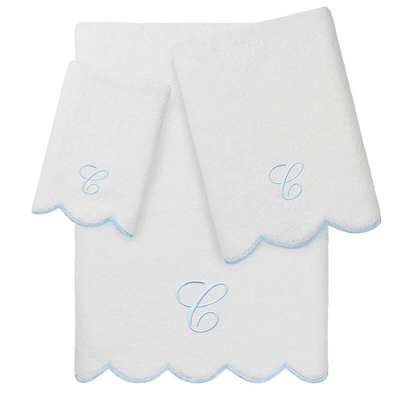 Authentic Hotel and Spa 100% Turkish Cotton Blue ADORNIA Scallop Personalized 3 Piece Towel Set - 3 Piece Set - C