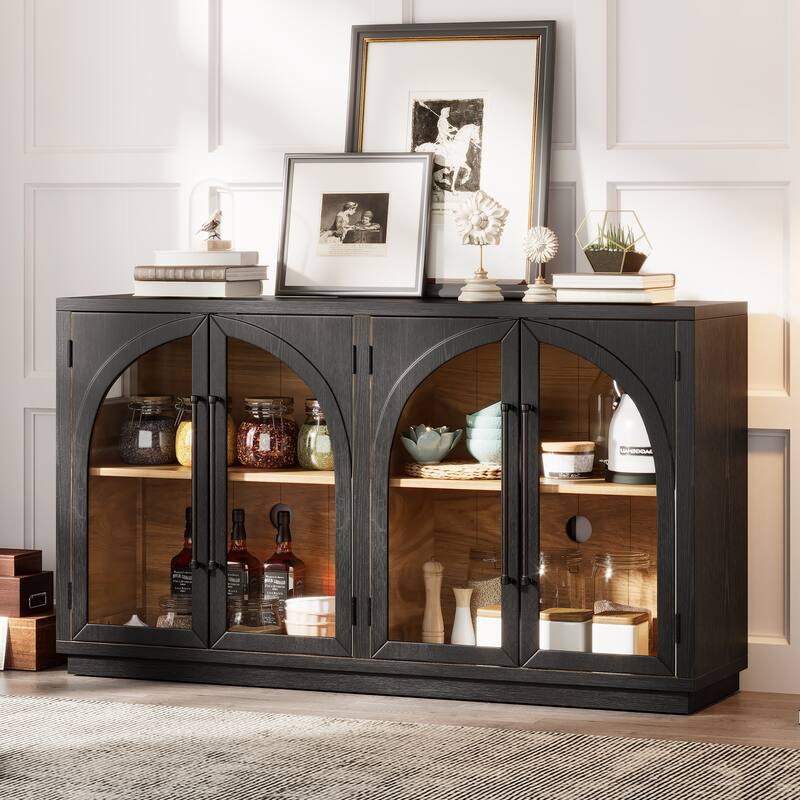 4-Door Large Storage Sideboard Buffet Cabinet with Glass Doors, Arched Cabinet with Adjustable Shelves for Kitchen - Black