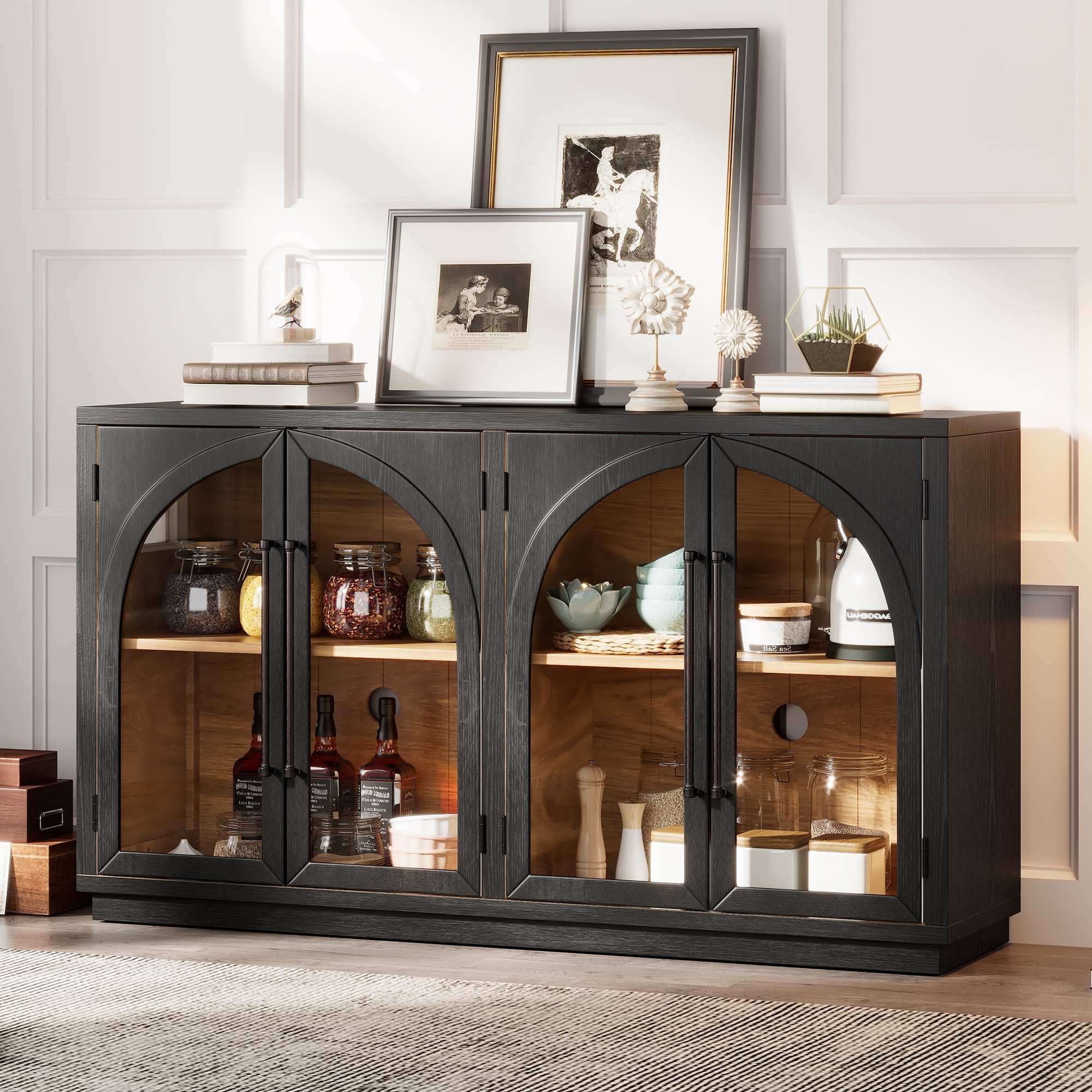 4-Door Large Storage Sideboard Buffet Cabinet with Glass Doors, Arched Cabinet with Adjustable Shelves for Kitchen