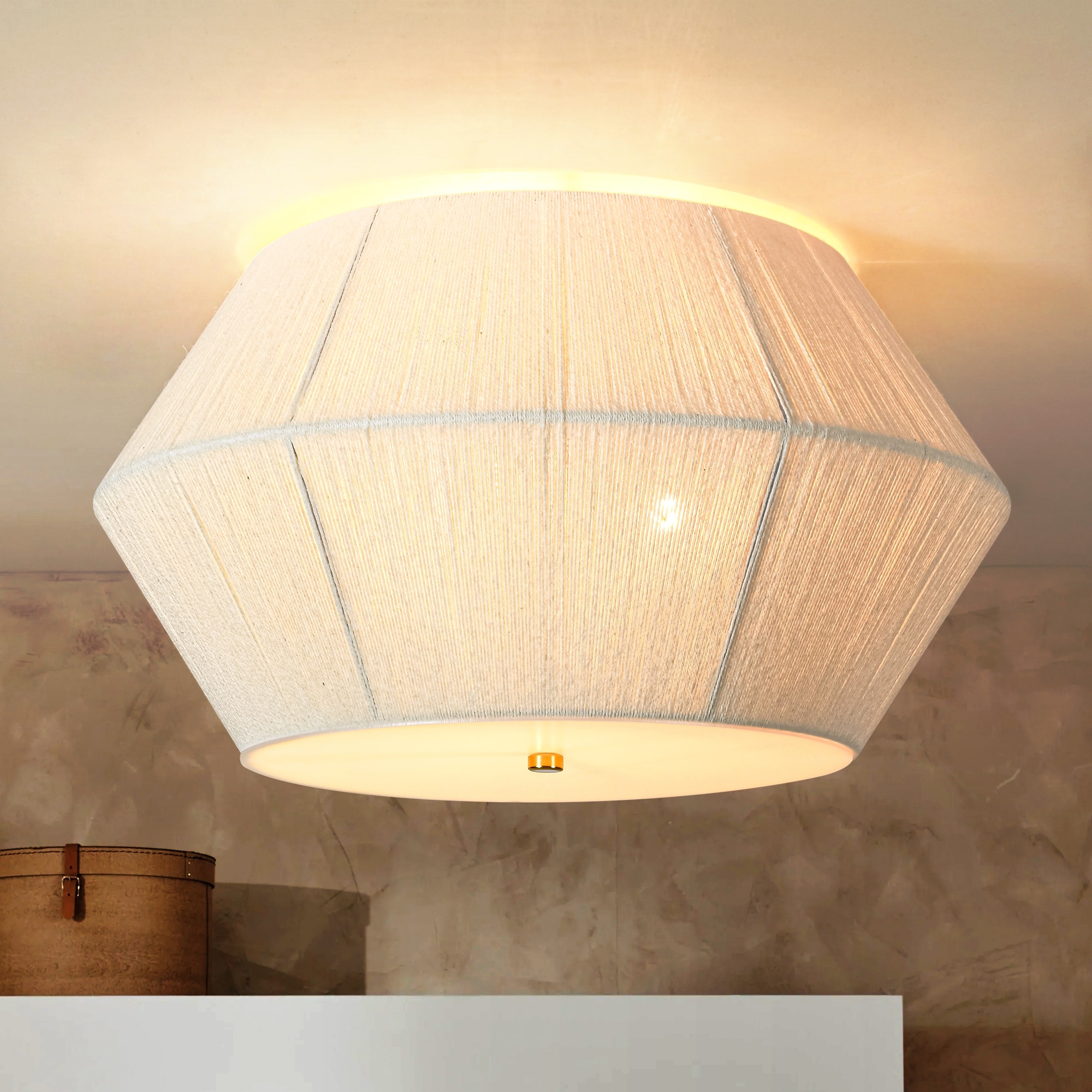 Rennnsan 17.7" 3-Light Farmhouse Rustic Brass Ivory Rope Drum Flush Mount Ceiling Light - 17.7 in. Dia x 10.6 in. H