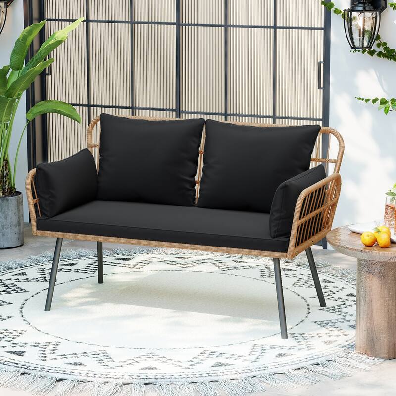 Gymax Patio Wicker Loveseat Furniture w/Seat Back Cushions Heavy-Duty