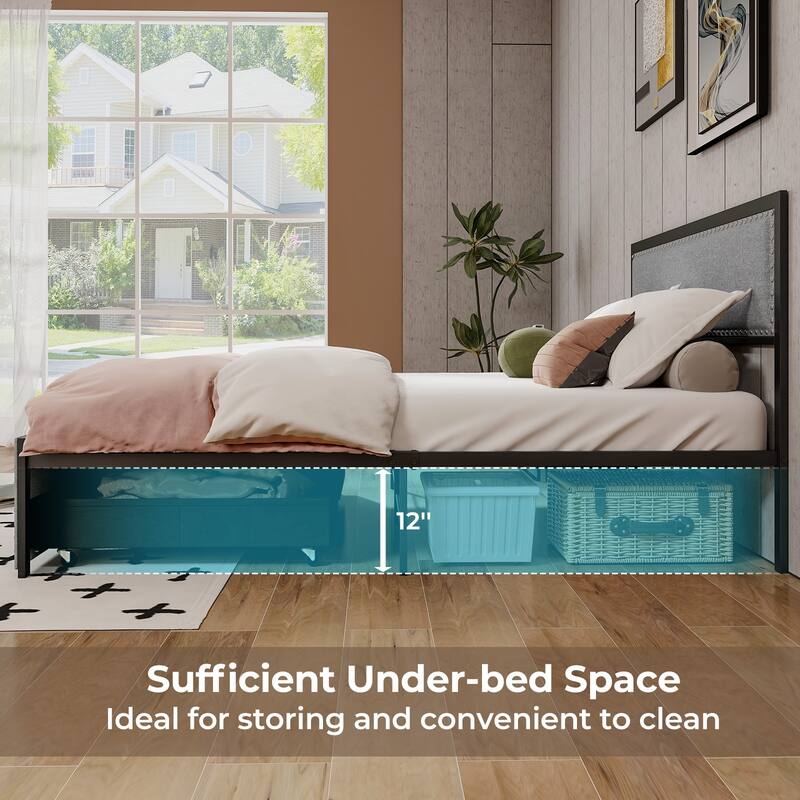 Full/Queen/Twin Size Bed Frame with LED Lights Drawer and Metal Slats