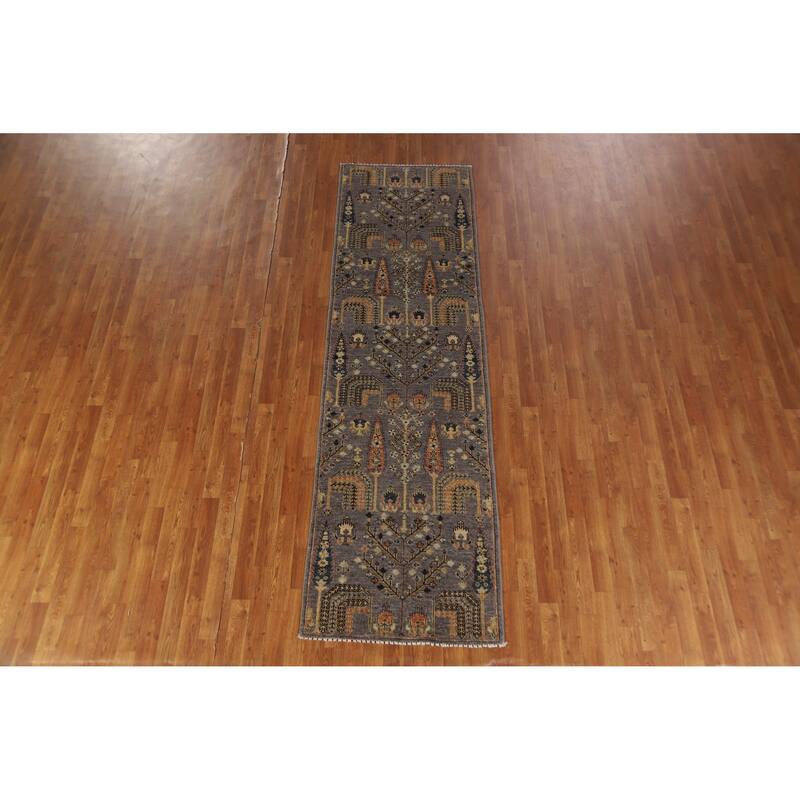 Hand Knotted Oriental 100% Wool Carpet Transitional Floral Greys & Charcoal Oushak Runner Rug - 9' 9'' X 2' 10''