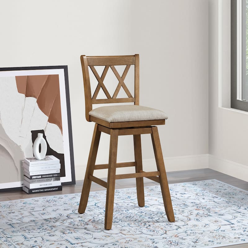 Brookline Wooden Linen Swivel Dining Room Barstool - Oak/Beige Seat - Bar Height