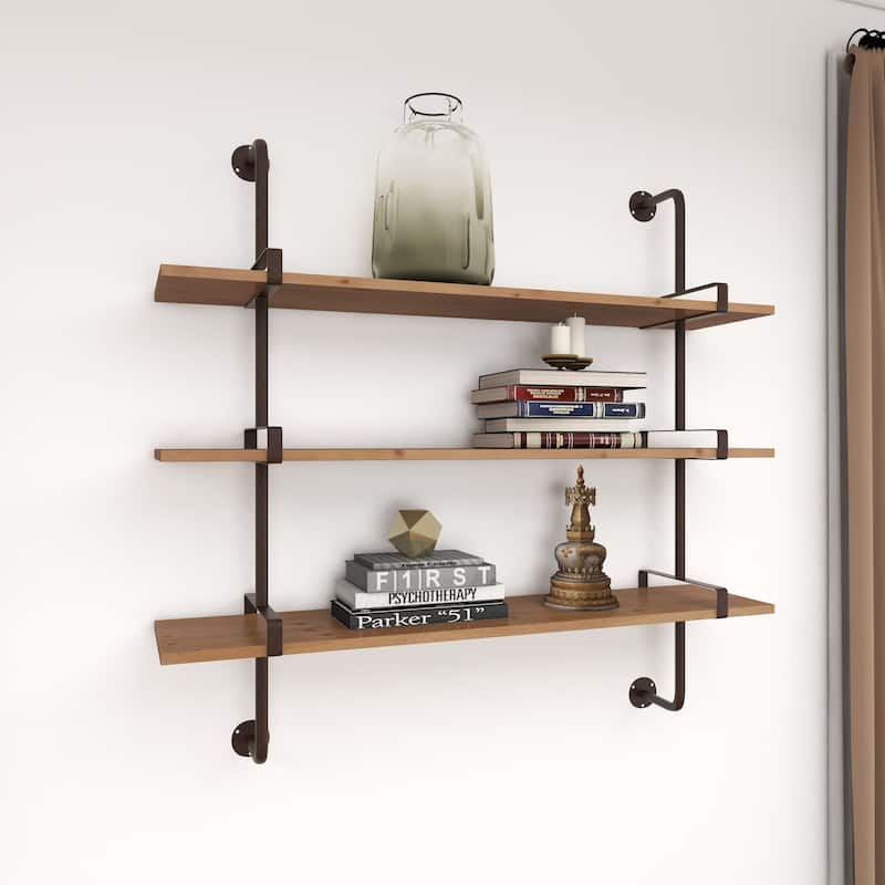 3 Level Wood Wall Shelf with Black Metal Brackets - Brown or Gray