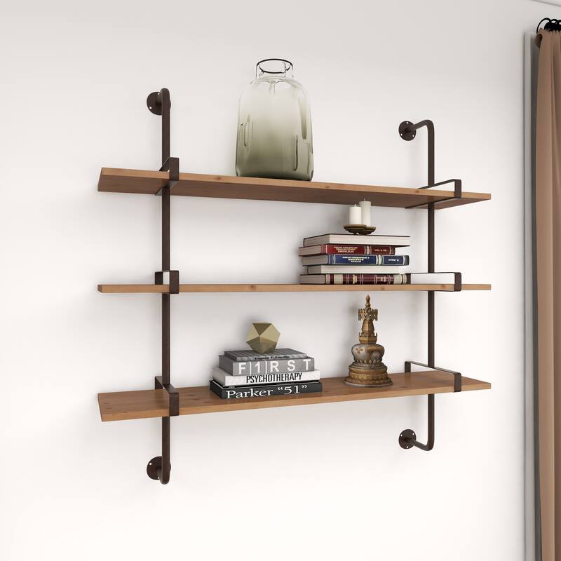 Wood 2 or 3 Level Wall Shelf with Black Metal Brackets - Brown or Gray - Roche River Decor