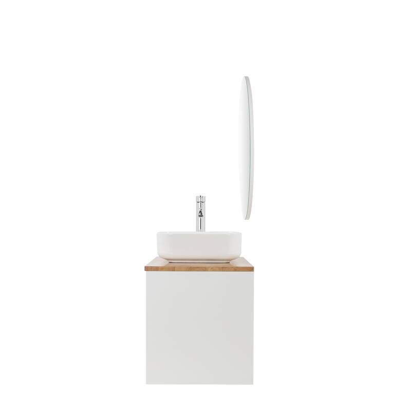 32 Inch White Wall Mount Bathroom Vanity with Double Drawers Solid Wood Top Square Ceramic Sink Modern Minimalist Design"
