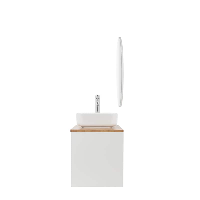 GDFStudio - 32-Inch Wall-Mounted Bathroom Vanity, Solid Wood Natural Top, Square Art Ceramic Sink