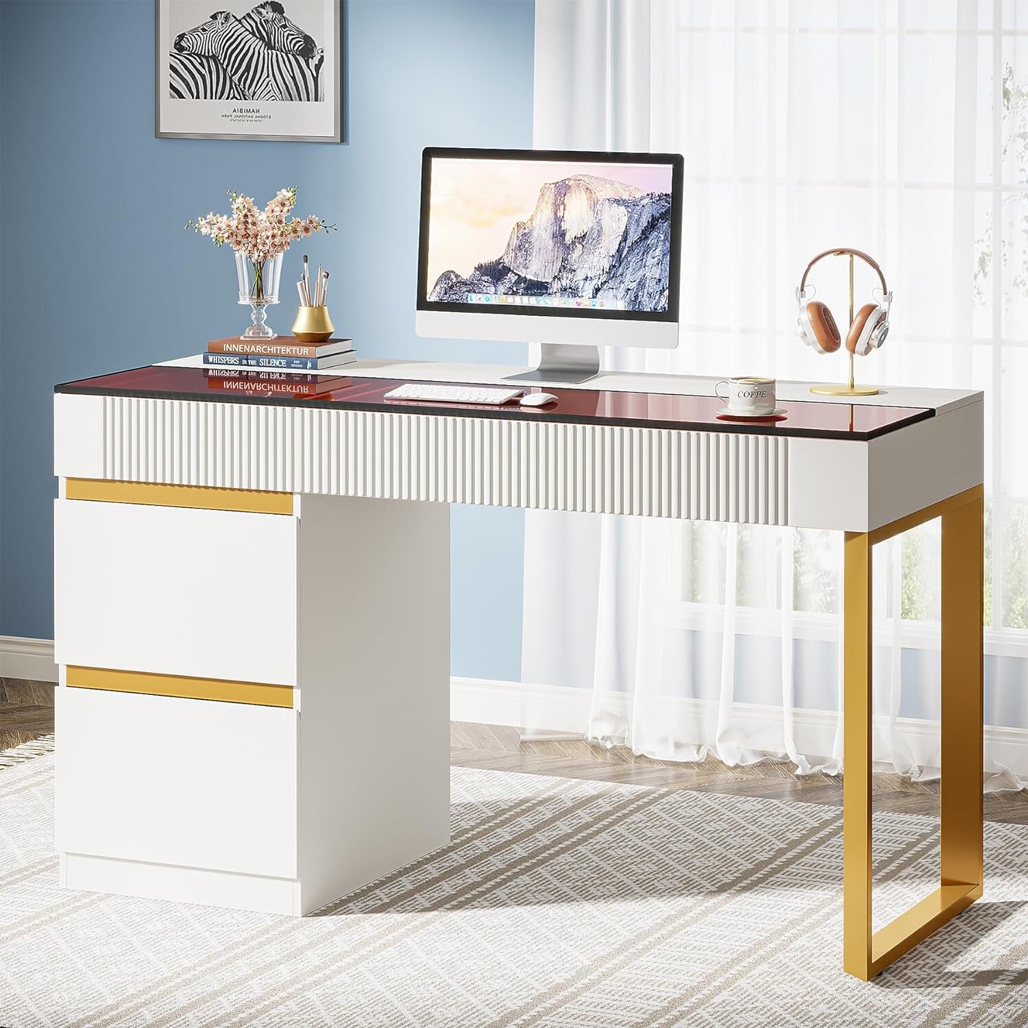 47 Inch Modern Computer Desk with 4 Drawers, Home Office Desk with