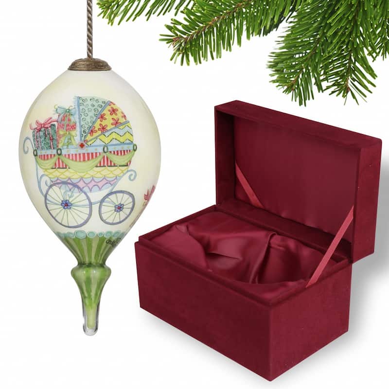 Baby Carriage with Presents Hand Painted Mouth Blown Glass Ornament - 4.75" x 2.5" x 2.5"