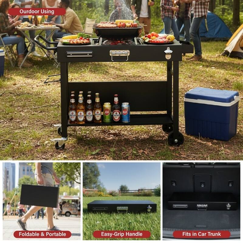 Portable 4-Wheel Collapsible BBQ Prep Table Black Outdoor Grill Station - N/A