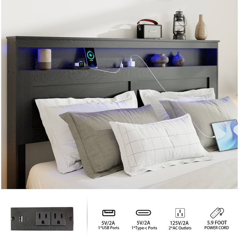 Bed Frame Queen Size, Wood Platform Bed Frame with Storage LED Light Headboard and 2 USB, Noise Free, Large Under Bed Storage