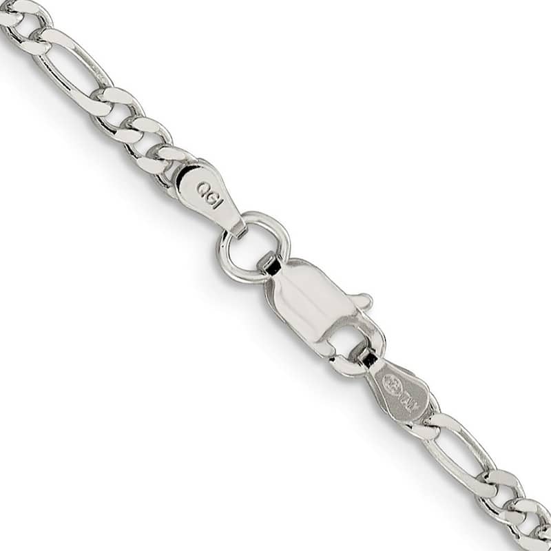 Curata 925 Sterling Silver 3mm Pave Flat Figaro Chain Necklace