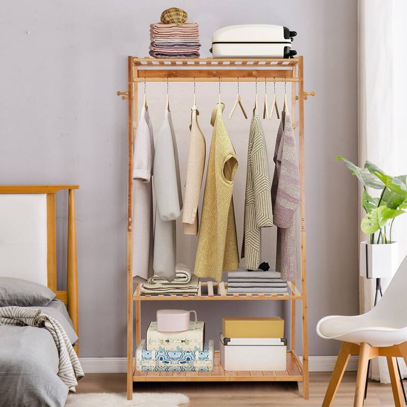 Bamboo Garment Rack Clothes Shelf Shoes Storage with Hooks