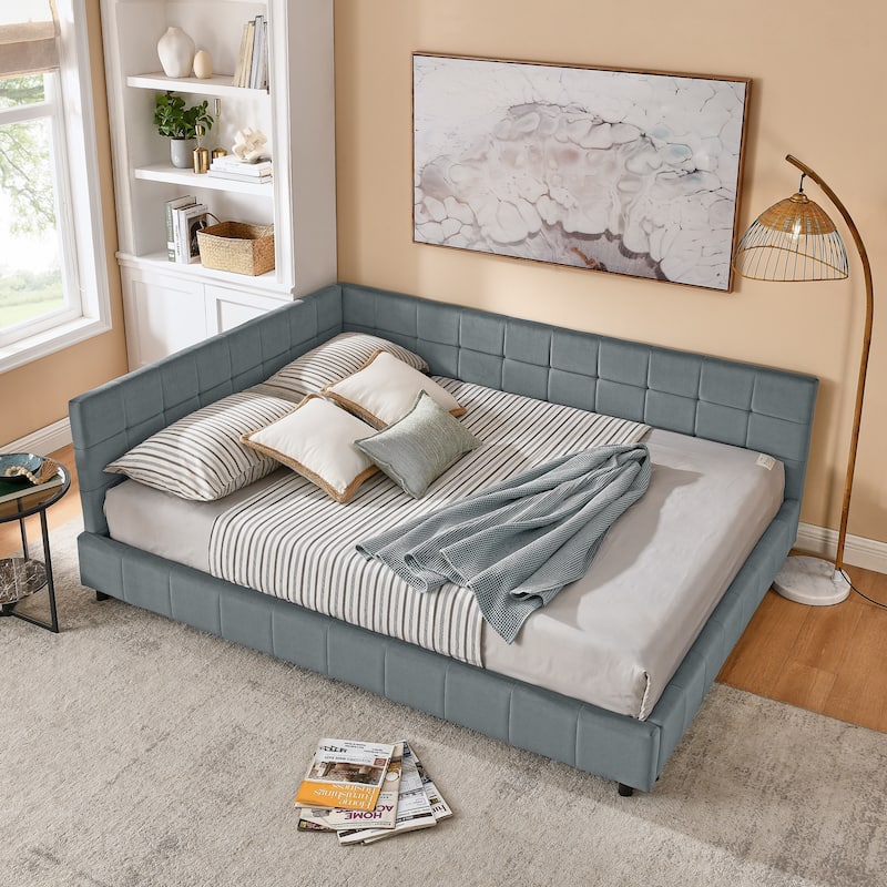 Mid-Century Velvet Queen Daybed with Tufted Backrest and Armrest, Convertible Sofa Bed Frame, Sturdy Upholstered Platform - Grey