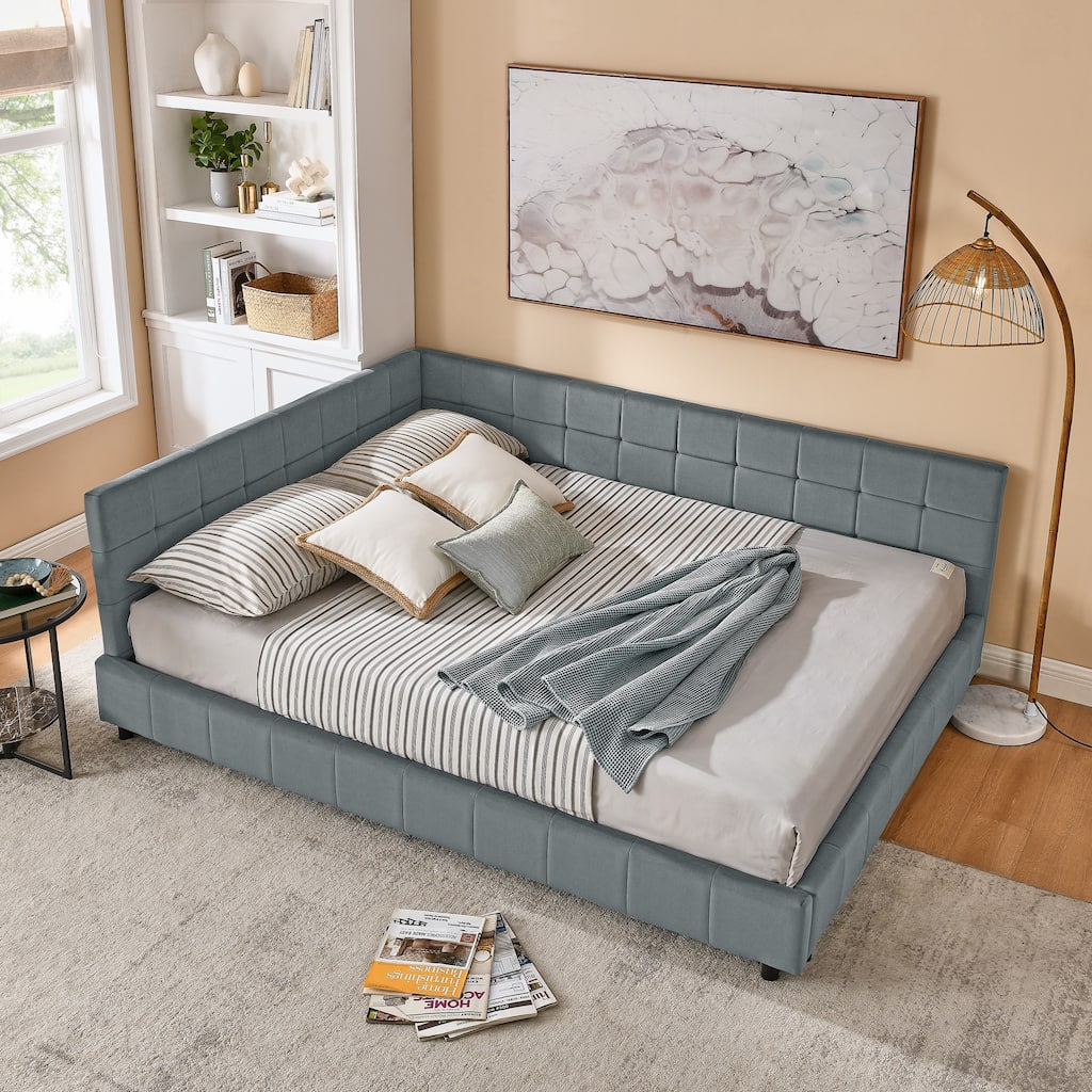 Queen Size Velvet Upholstered Daybed with Backrest and Armrests