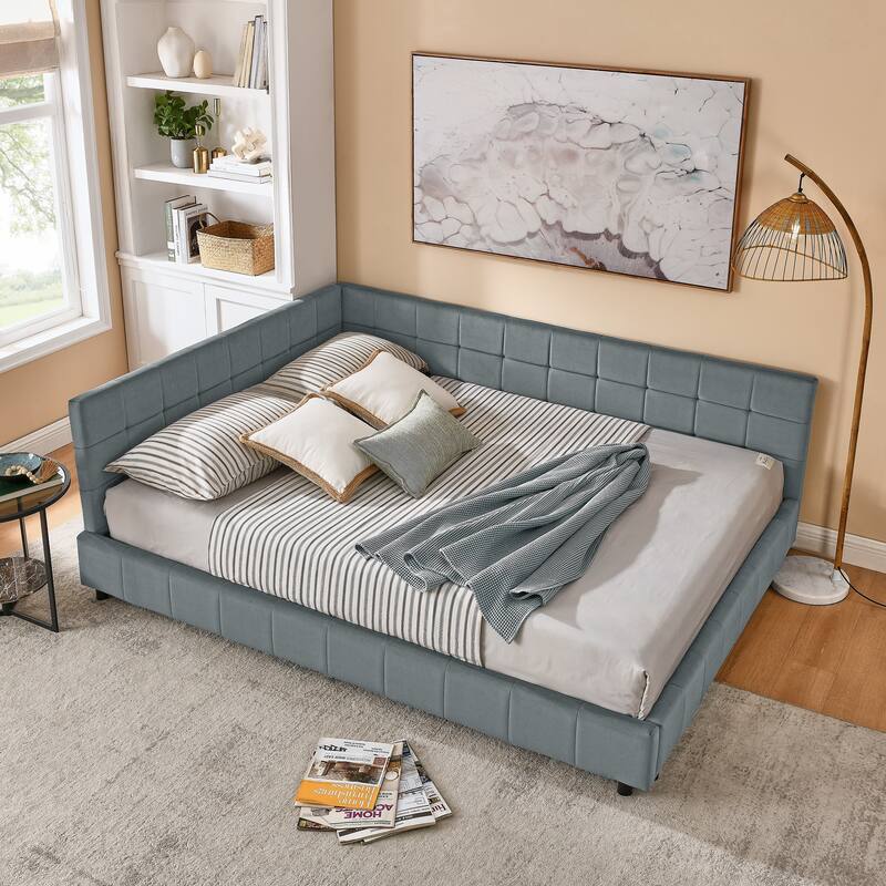 Roomfitters Queen Upholstered Tufted Sofa Bed Frame with Backrest and Armrests, Velvet Platform Bed - Grey - Queen