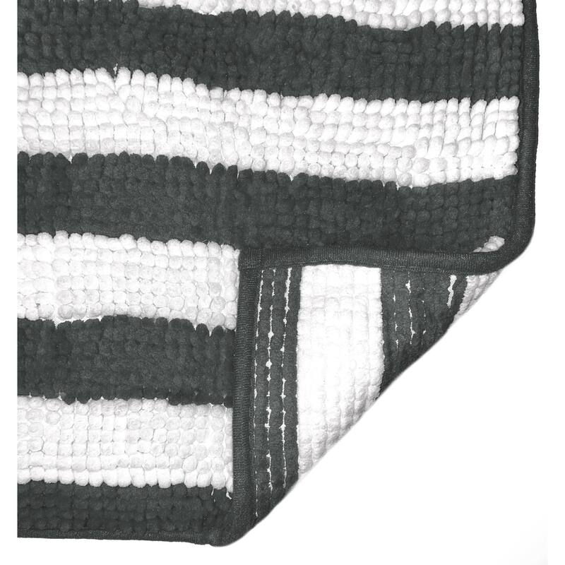 2 Piece Set Charcoal Grey White Stripe Soft Cozy Plush Chenille Bath Mat Bathroom Rug