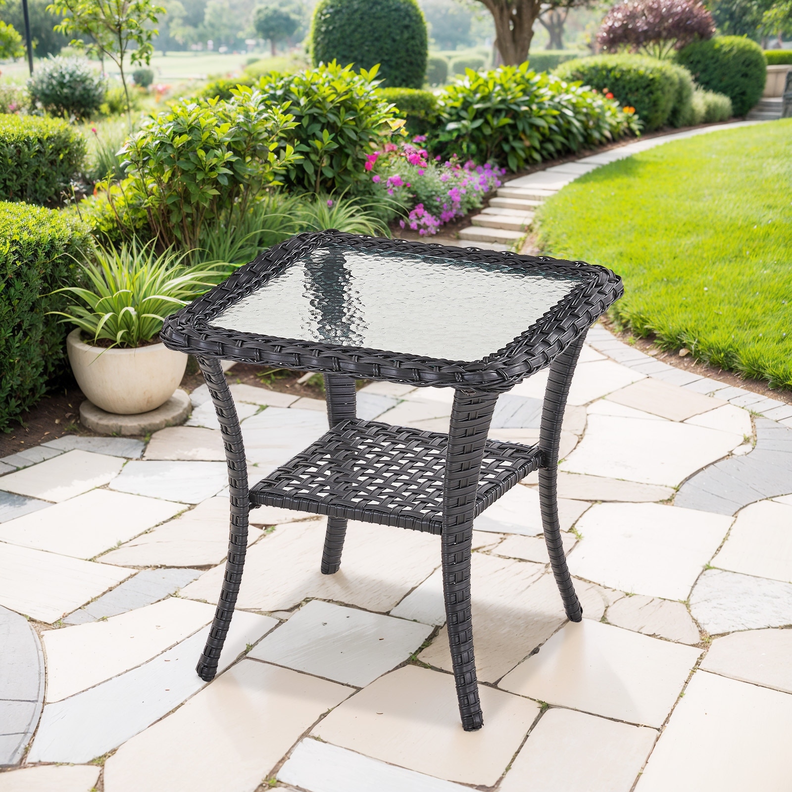 Patio Wicker Coffee Table with Storage -Black